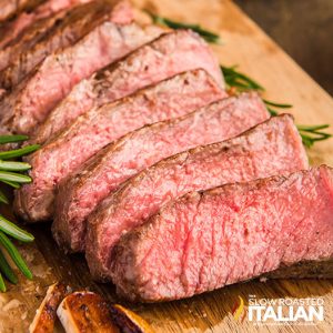 closeup of cast iron ribeye steak