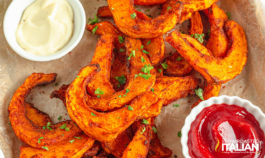 top view of air fryer pumpkin fries