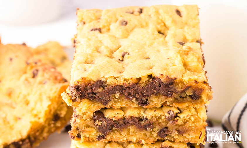 closeup of stacked sheet pan chocolate chip cookies