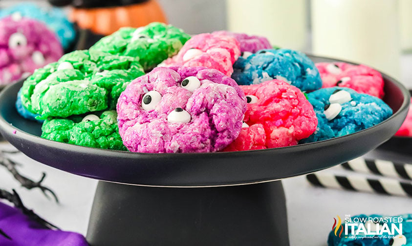 soft monster cookies on a serving platter