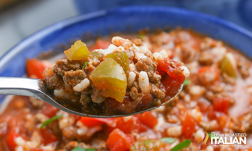 closeup of a spoonful of stuffed pepper soup recipe