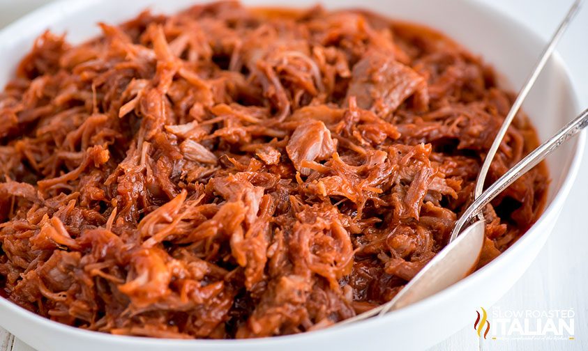 closeup: wide bowl of Hawaiian pulled pork