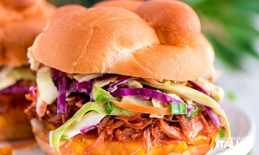 closeup: Hawaiian pulled pork, grilled pineapple, and coleslaw on challah bun