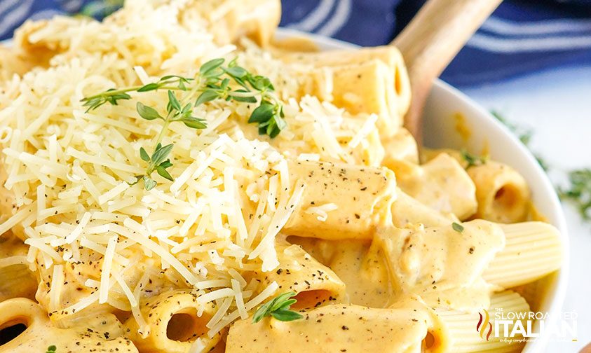 closeup: bowl of pumpkin sauce pasta topped with parmesan and fresh thyme