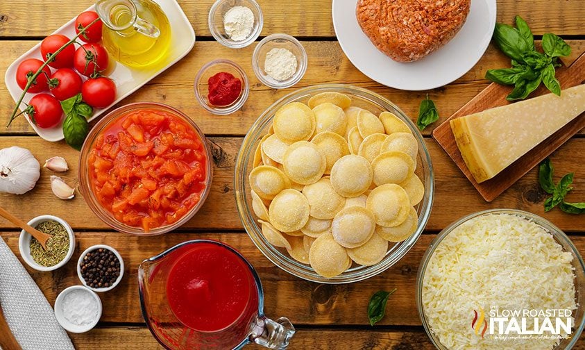 ingredients to make one pot ravioli with sausage