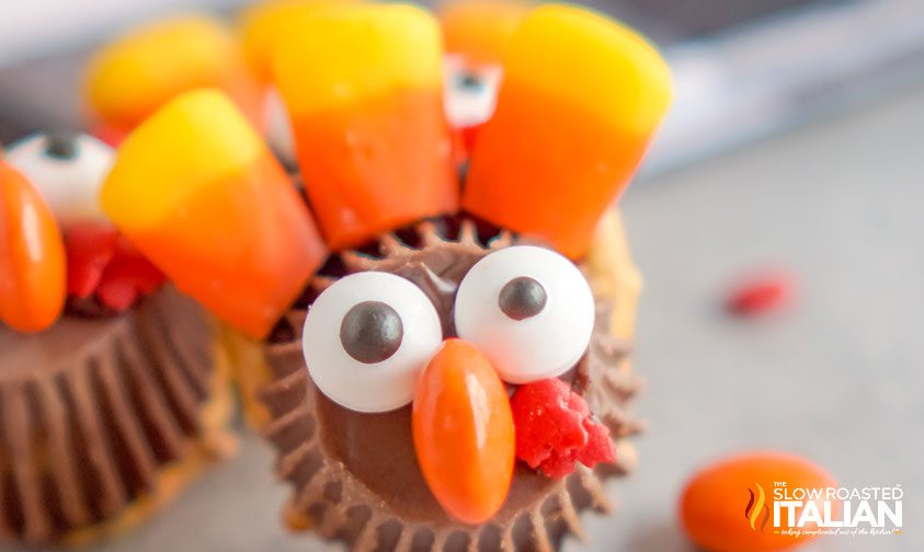 close up: reese's pretzel turkey treat with candy corn feathers