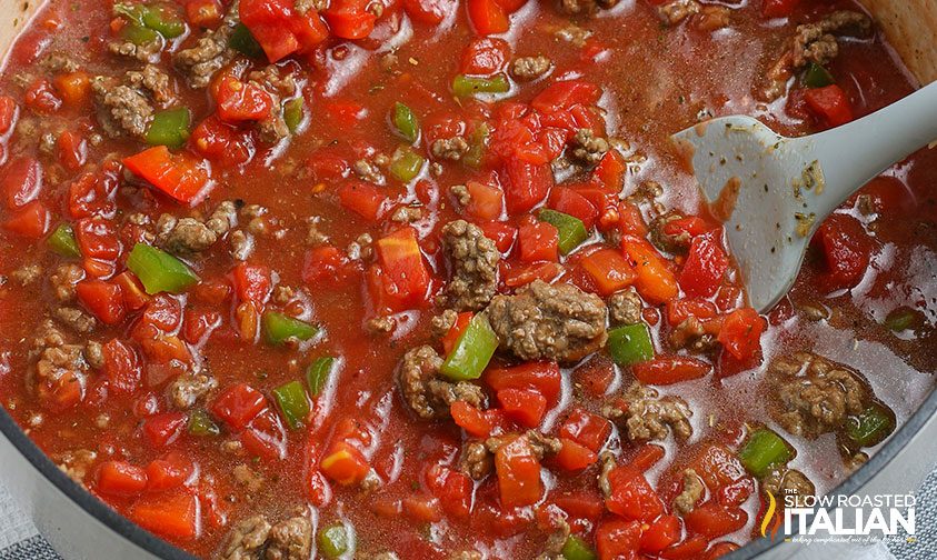 stirring pot of stuffed bell pepper soup