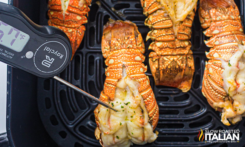 checking temperature of lobster tails in air fryer