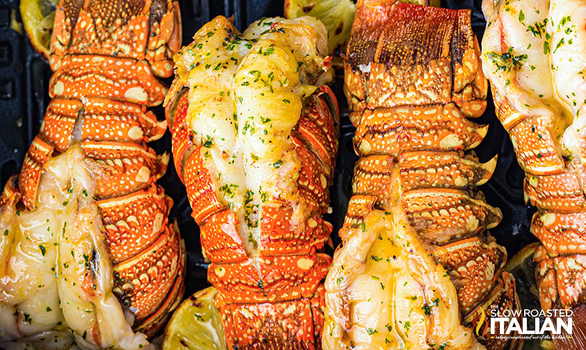 closeup of air fryer lobster tails