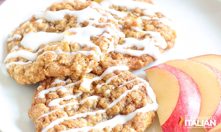 air fryer oatmeal cookies on a plate with apple slices