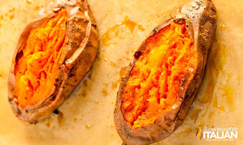 baked sweet potatoes sliced open