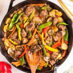 closeup of pan of beef chop suey