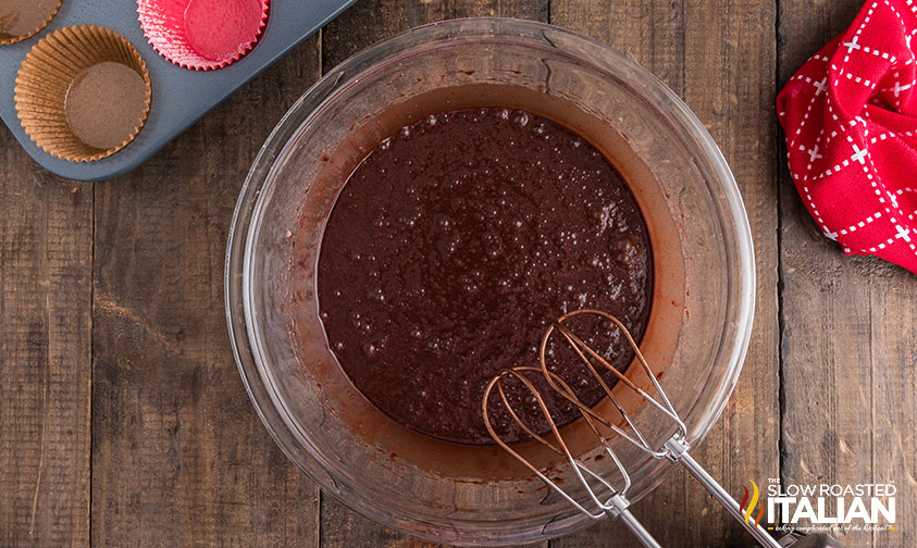 hot chocolate cupcake batter in large mixing bowl