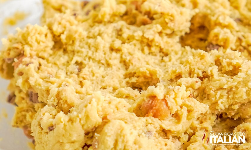 toffee caramel cookie dough in a large mixing bowl