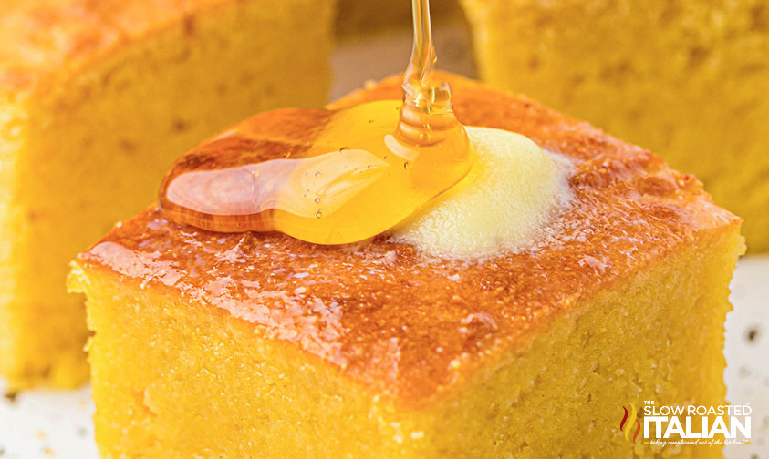 drizzle of honey on a slice of air fryer cornbread