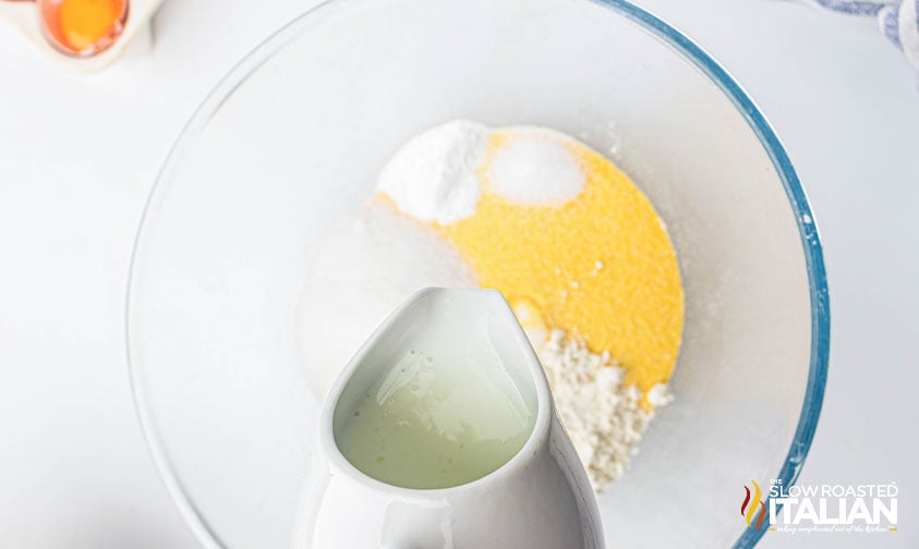 ingredients for air fryer corn bread in a large mixing bowl