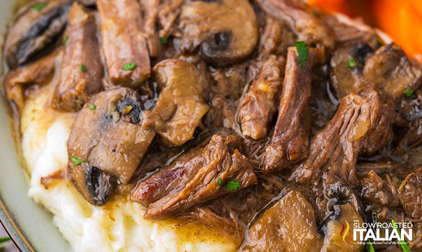 instant pot beef chuck roast with mushrooms over mashed potatoes