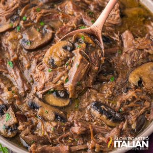 bowl of beef chick roast with mushrooms