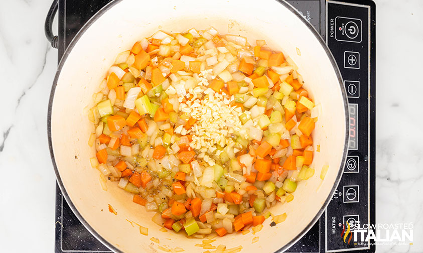 sauteed onion, carrots and celery in dutch oven