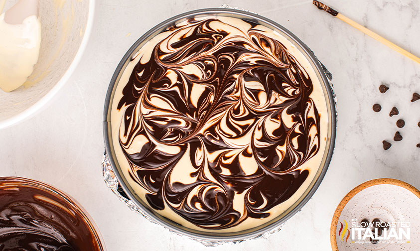 chocolate swirl cheesecake ready for baking