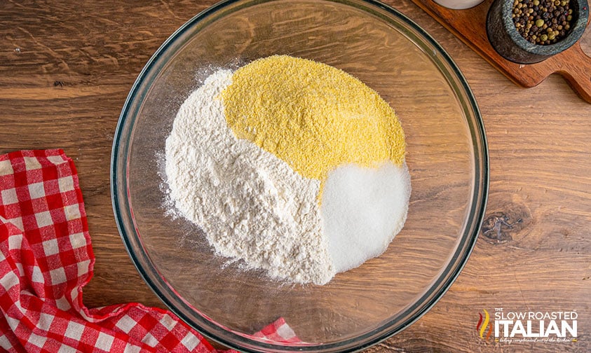 cornmeal, sugar and flour in a mixing bowl