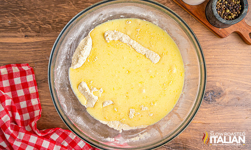 egg mixture added to flour mixture