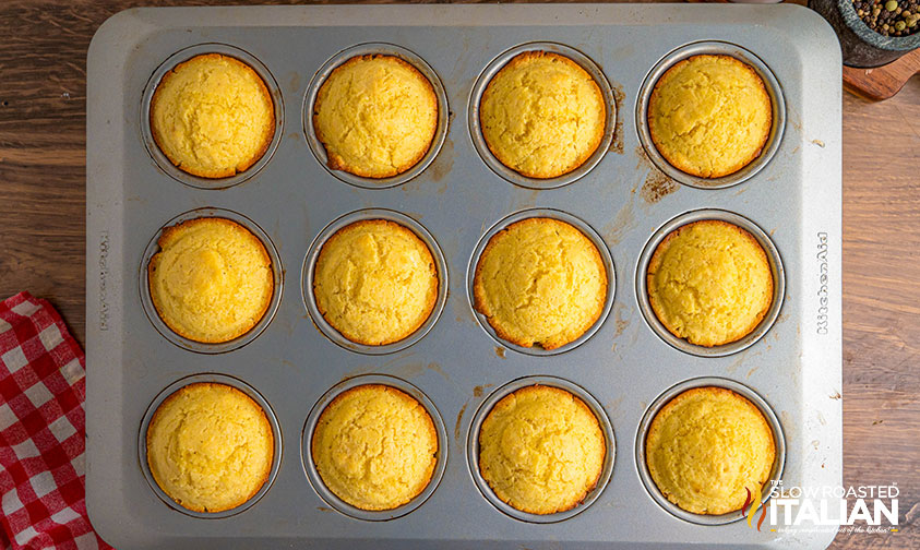 baked corn muffin in a muffin tin