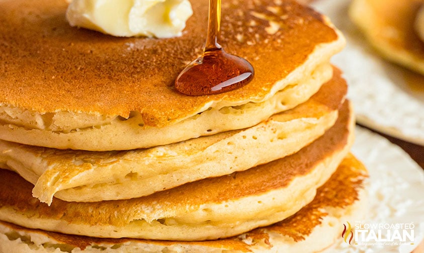 closeup of cracker barrel pancakes with syrup