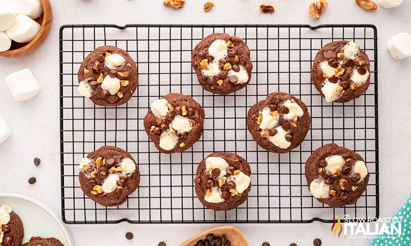 chocolate marshmallow cookies on a cooling rack