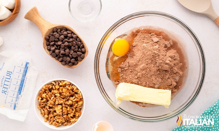 chocolate marshmallow cookie ingredients in mixing bowl