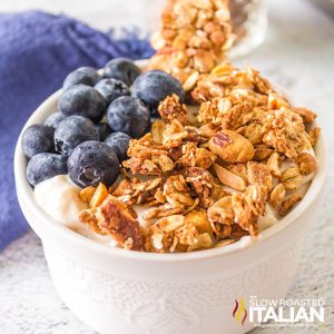 closeup of easy air fryer granola in a bowl with yogurt and blueberries