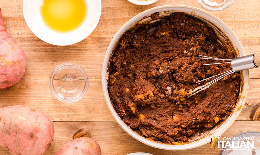 mixed sweet potato brownie batter in mixing bowl