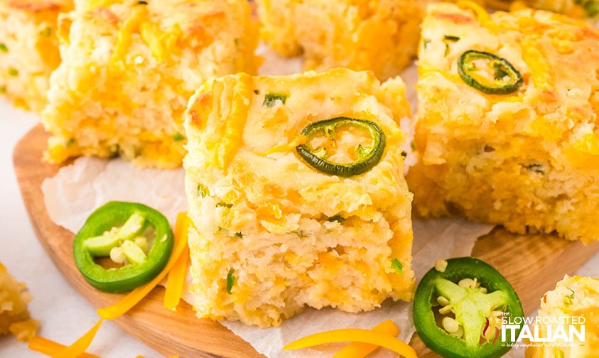 wooden tray of cheddar jalapeno biscuits