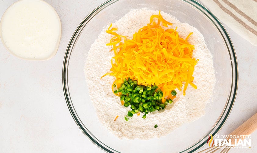 jalapeno cheddar biscuits ingredients in a large mixing bowl