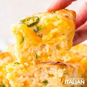 closeup of jalapeno cheddar swim biscuits