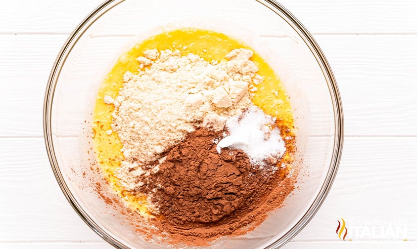 ingredients for keto chocolate cupcakes recipe in a mixing bowl