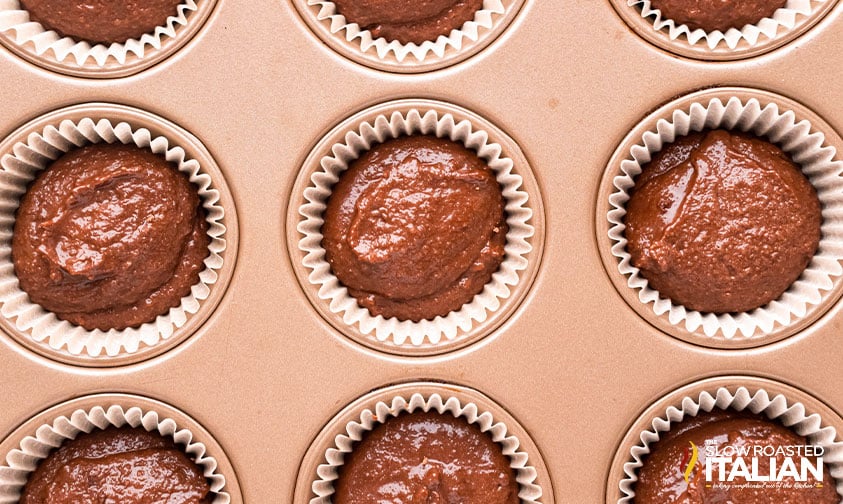 keto chocolate cupcakes batter in a muffin pan