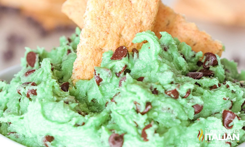 closeup of mint chocolate chip cookie dough dip