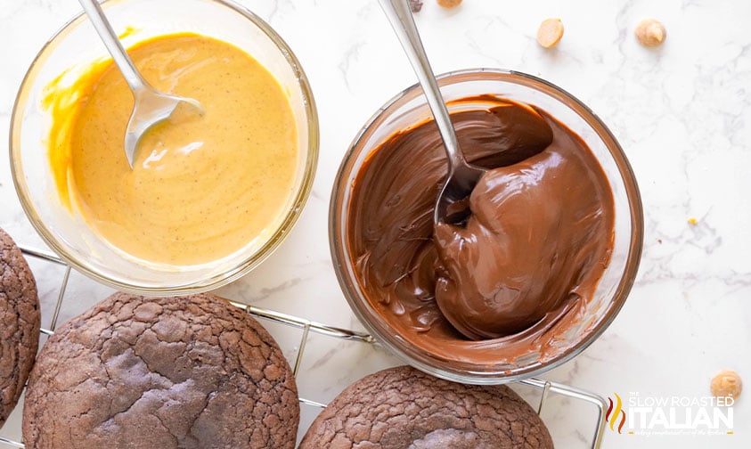 peanut butter and chocolate topping in small bowls