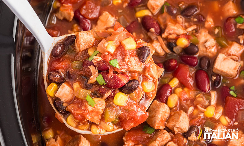 closeup of crock pot turkey chili in a ladle