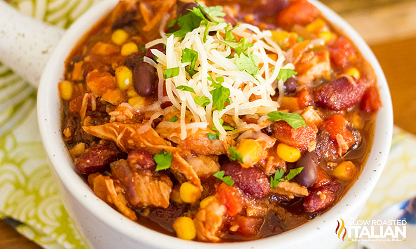 bowl of crock pot turkey chili closeup