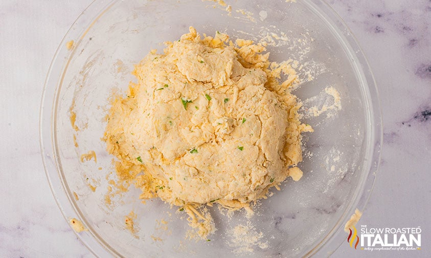 dough for cheese scones in a large mixing bowl