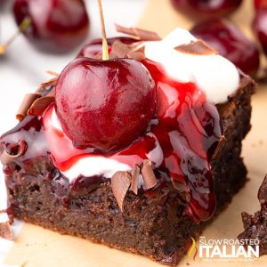 closeup of cherry chocolate brownies