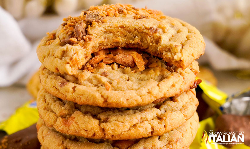 closeup of stacked butterfinger cookies