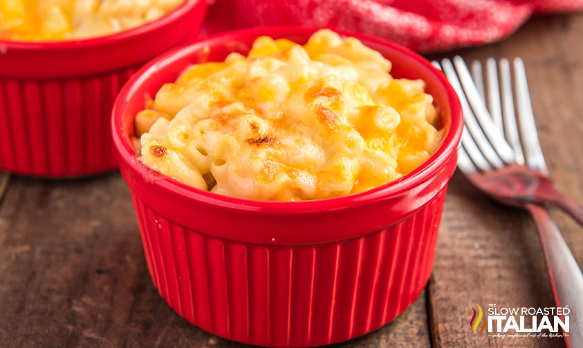 red ramekin full of chick-fil-a mac and cheese