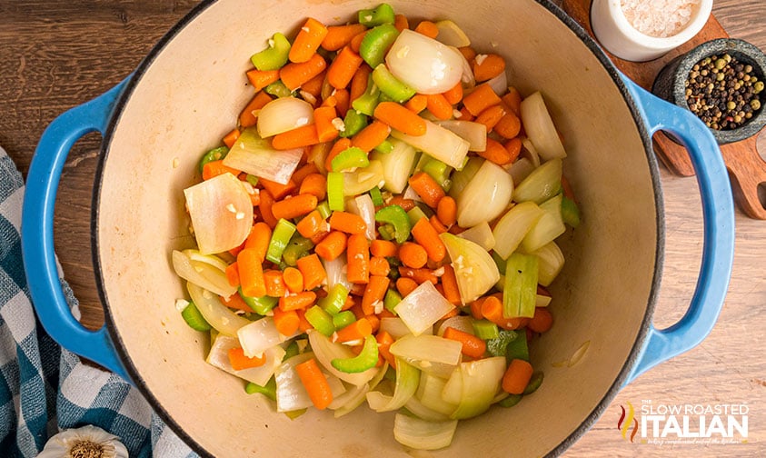 onion, carrot, and celery added to dutch oven