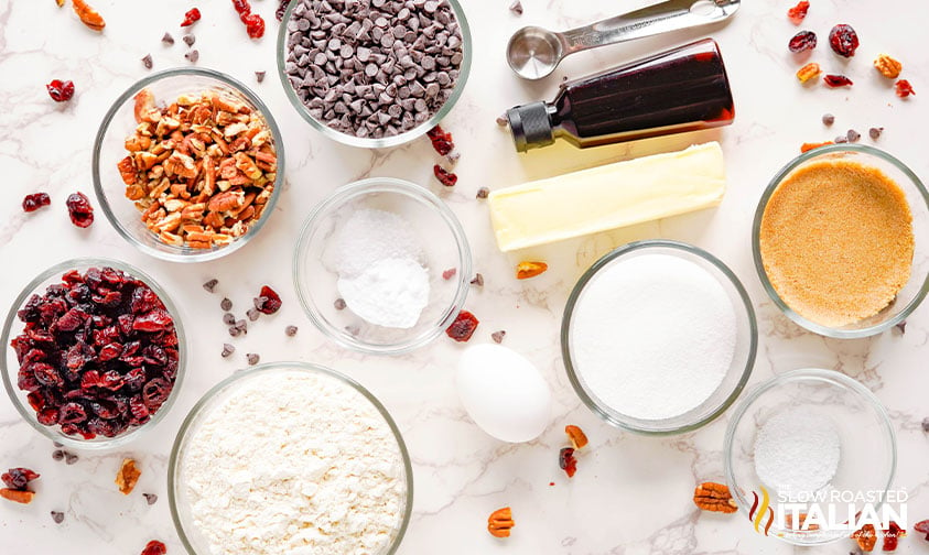 ingredients for chocolate chip cranberry cookies