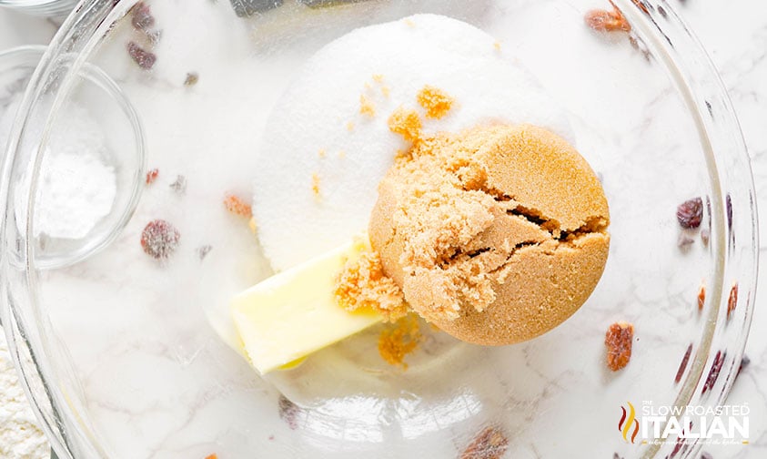 butter and sugars added to large mixing bowl