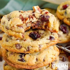 closeup of stacked cranberry chocolate chip cookies