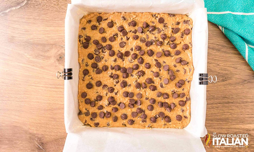 graham cracker brownie dough in baking dish